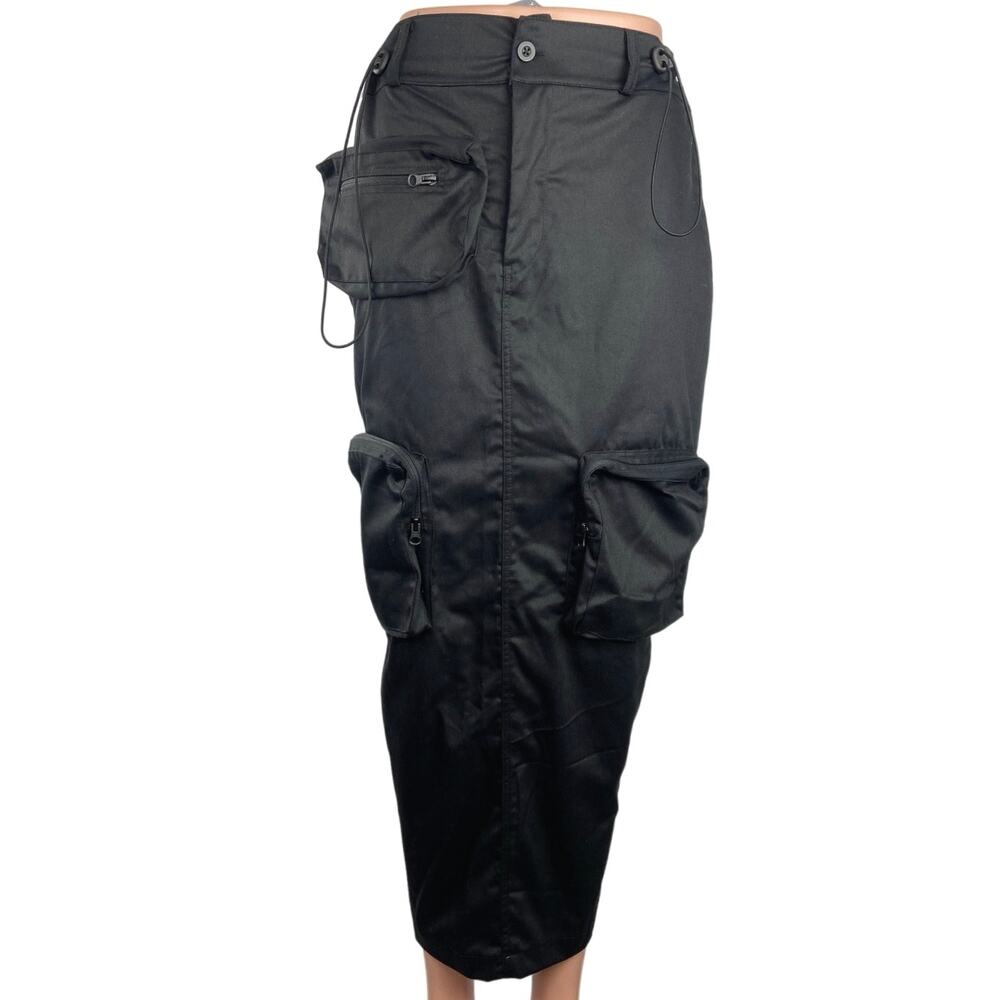 PrettyLittleThing Black Twill Pockets Drawstring Cargo Utility Midi Skirt Size 4
